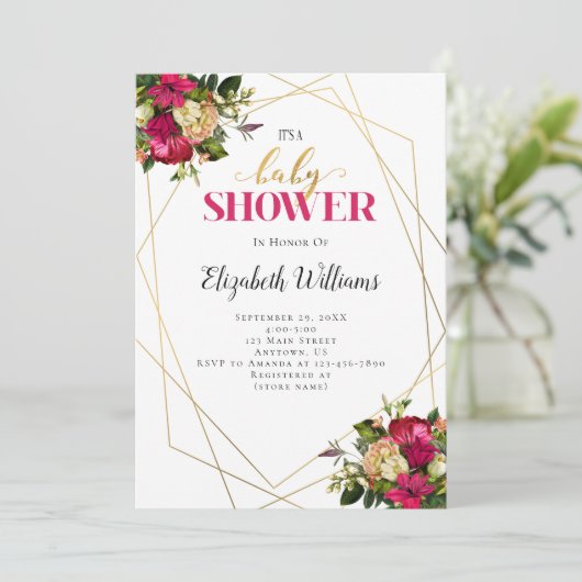 Roze goudbloemen Baby shower Kaart (Staand voorkant)