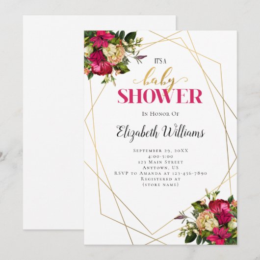 Roze goudbloemen Baby shower Kaart (Voorkant / Achterkant)