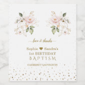 Roze goudbloemen Meisjes Twins 1st Birthday Baptis Wijn Etiket (Enkel label)