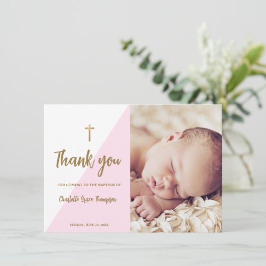 Roze goudbruin, aangepast babymeisje bedankkaart (Staand voorkant)