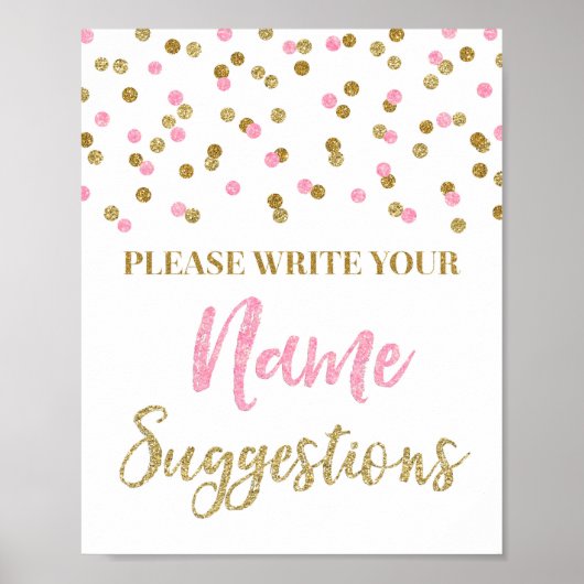 Roze goudConfetti Baby shower Naam Suggestie Poster (Voorkant)