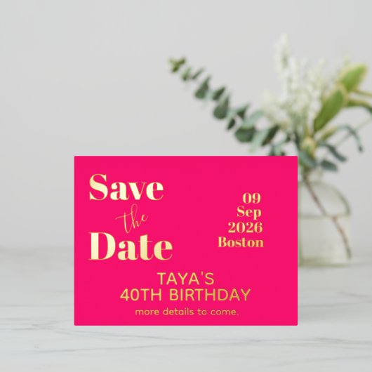 Roze gouddag Bewaar datum Folie Uitnodiging Briefkaart (Staand Voorkant)