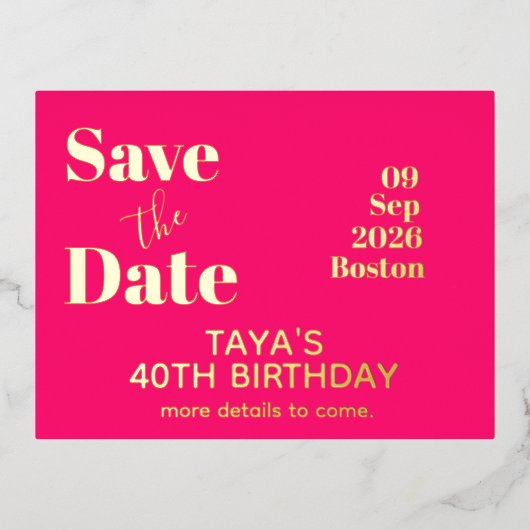 Roze gouddag Bewaar datum Folie Uitnodiging Briefkaart (Voorkant)