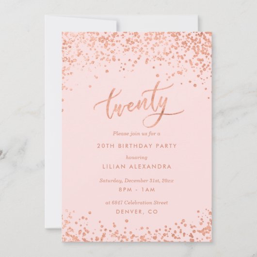 Roze Gouden 20e Verjaardagsuitnodiging | Nepfolie Kaart (Voorkant)