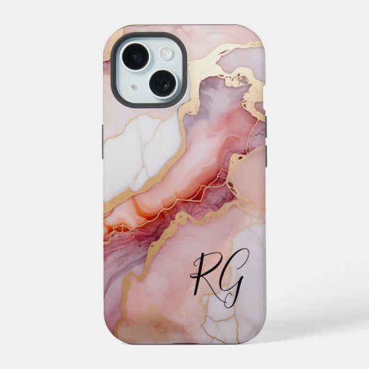 Roze Gouden Abstract Marmeren Monogram iPhone 15 Case (Achterkant)