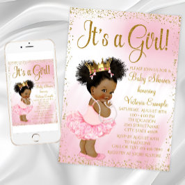Roze Gouden Afro-Amerikaanse Prinses Baby Shower Kaart