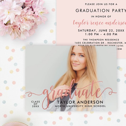Roze Gouden Afstudeer Script Foto Afstudeerfeest Kaart