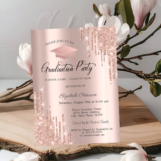 Roze Gouden Afstudeerhoed Glitter Drips, Afstudere Kaart