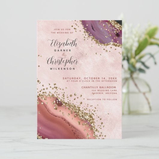 Roze Gouden Agaat Bruiloft Kaart (Staand voorkant)