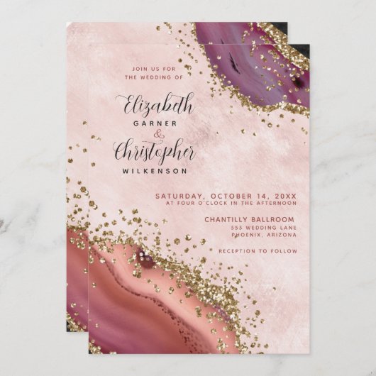 Roze Gouden Agaat Bruiloft Kaart (Voorkant / Achterkant)