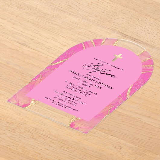 Roze Gouden Agaat Doop Vrouwelijk Modern Elegant Acryl Uitnodigingen (Laagn)