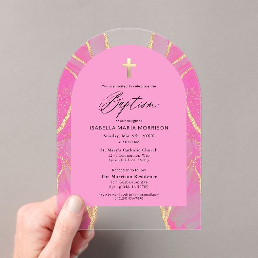 Roze Gouden Agaat Doop Vrouwelijk Modern Elegant Acryl Uitnodigingen (Insitu (Draagbaar))