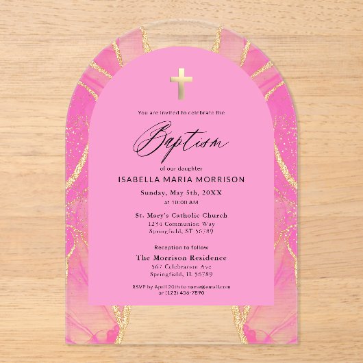 Roze Gouden Agaat Doop Vrouwelijk Modern Elegant Acryl Uitnodigingen (Voorkant)