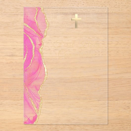 Roze gouden agaat Eerste Heilige Communie Meisje Acryl Uitnodigingen (Voorkant)