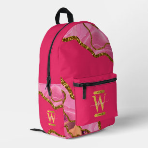Roze & Gouden Agaat Geode Glitter Monogram School Bedrukte Rugzak