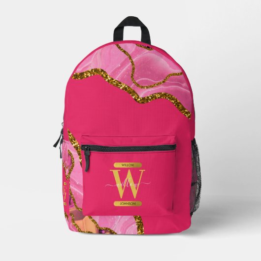 Roze & Gouden Agaat Geode Glitter Monogram School Bedrukte Rugzak (Voorkant)