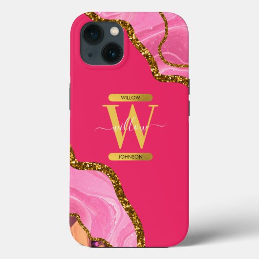 Roze & Gouden Agaat Geode Monogram Case-Mate iPhone Case (Achterkant)