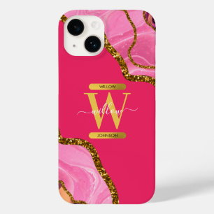Roze & Gouden Agaat Geode Monogram Case-Mate iPhone 14 Hoesje