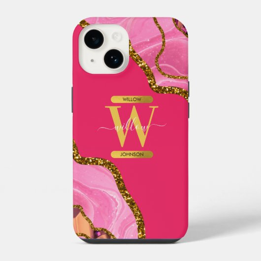 Roze & Gouden Agaat Geode Monogram iPhone Hoesje (Achterkant)
