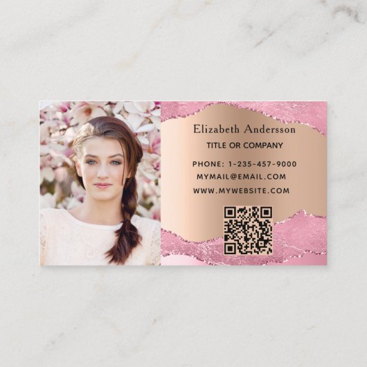 Roze gouden agaat marmer QR code foto Visitekaartje (Achterkant)
