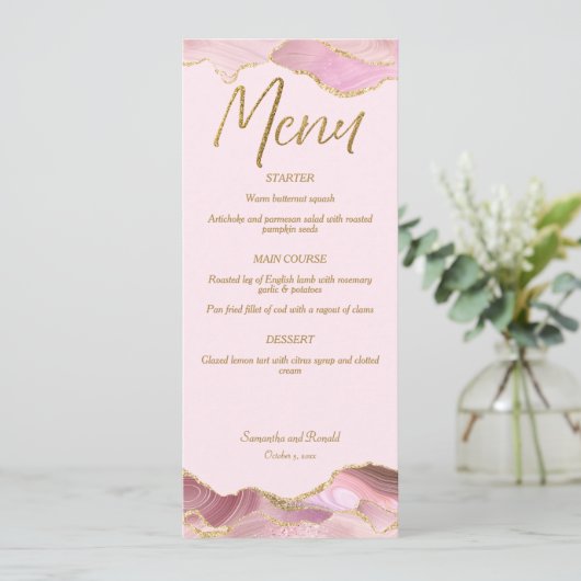 Roze & Gouden Agaat Wedding Menu Kaart (Staand voorkant)