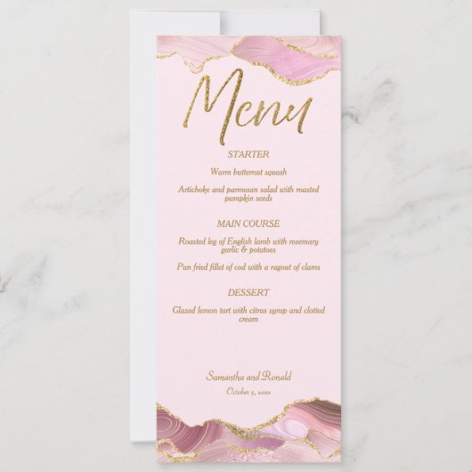 Roze & Gouden Agaat Wedding Menu Kaart