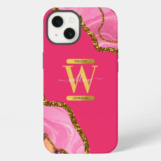 Roze & Gouden Agate Geode Initiaal   iPhone Hoesje (Achterkant)
