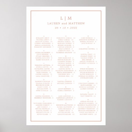 Roze Gouden Alfabetische Trouwstoelenkaart Poster (Voorkant)