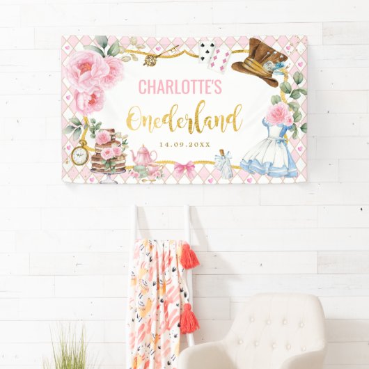 Roze Gouden Alice in Onederland 1e Verjaardagsfees Spandoek (Insitu)