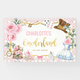 Roze Gouden Alice in Onederland 1e Verjaardagsfees Spandoek