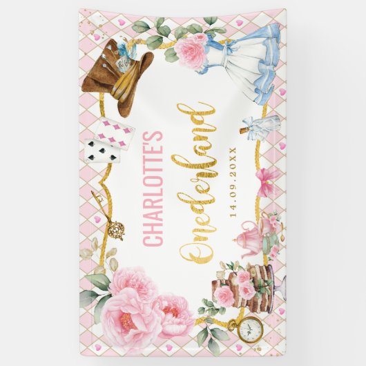 Roze Gouden Alice in Onederland 1e Verjaardagsfees Spandoek (Verticaal)