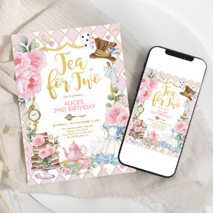 Roze Gouden Alice Thee Feestje 2e Verjaardag Kaart