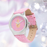 Roze gouden anananas, ananas, script tropisch meis horloge<br><div class="desc">Elegante,  moderne faux gouden ananas op een chique girly roze achtergrond. Sjabloon voor jouw naam,  gouden gebogen letters. De naam is geschreven met een trendy handgeschreven stijlscript. Gouden getallen van 8 tot 4.</div>