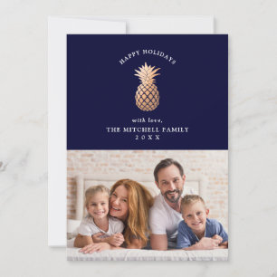 Roze Gouden Ananas op Marineblauw   Kerstfoto Feestdagenkaart