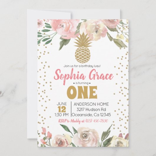 Roze & Gouden Ananas Verjaardags Luau Kaart (Voorkant)