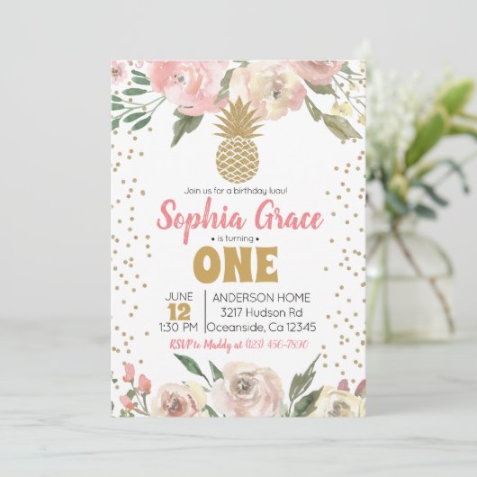 Roze & Gouden Ananas Verjaardags Luau Kaart (Staand voorkant)