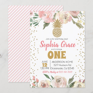 Roze & Gouden Ananas Verjaardags Luau Kaart