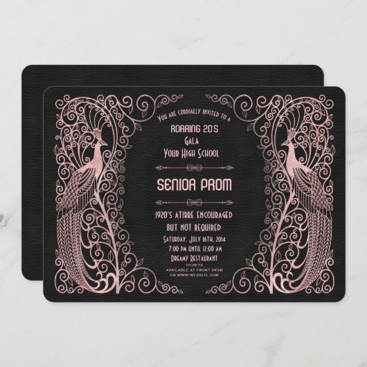 Roze Gouden Art Deco Pauw Senior Bal Kaart (Voorkant / Achterkant)