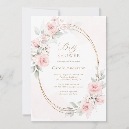Roze Gouden Baby Meisje Shower met Bloemen Kaart (Voorkant)