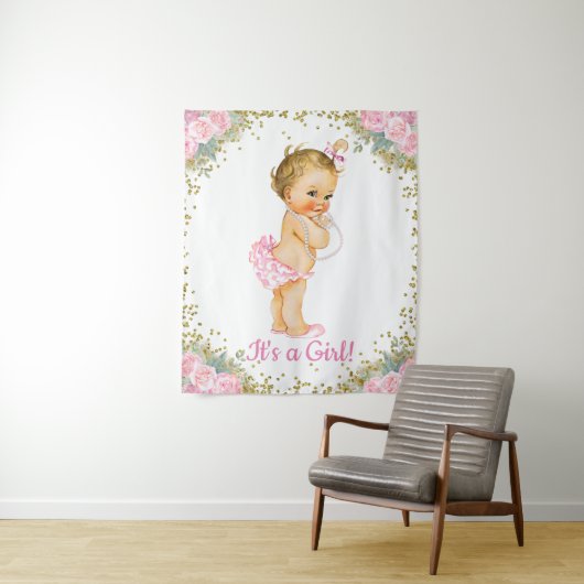 Roze Gouden Baby Shower Banner Achtergronden Wandkleed (In situ)