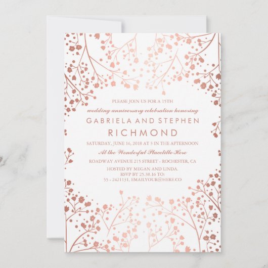 Roze Gouden Baby's Breath Bloemachtige Trouwverjaa Kaart (Voorkant)