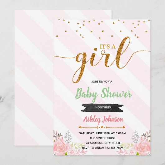 Roze gouden babyshower uitnodiging (Voorkant / Achterkant)
