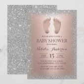 Roze Gouden Babyvoetjes Zilver Glitter Baby Borrel Kaart (Voorkant / Achterkant)