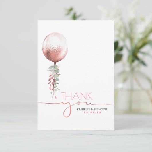Roze gouden ballon groen Baby shower dank u Bedankkaart (Staand voorkant)