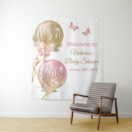 Roze Gouden Ballon Meisje Baby Shower Achterwand Wandkleed (In situ)