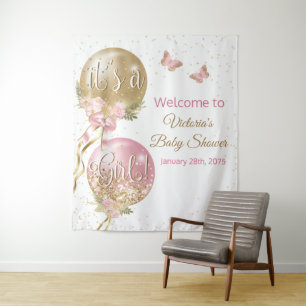 Roze Gouden Ballon Meisje Baby Shower L Achtergron Wandkleed