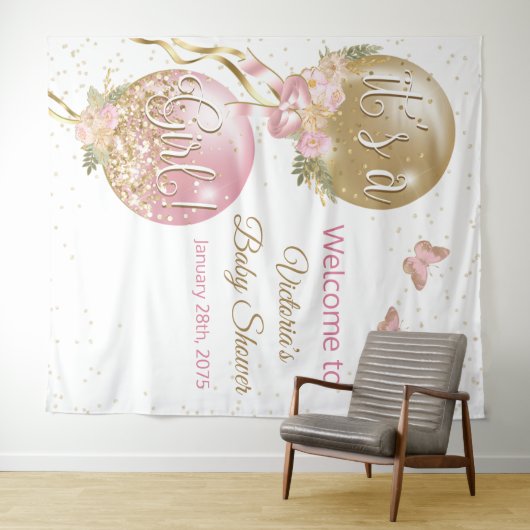 Roze Gouden Ballon Meisje Baby Shower XL Achtergro Wandkleed (In Situ (horizontaal))