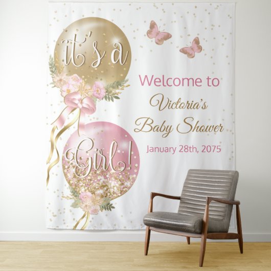 Roze Gouden Ballon Meisje Baby Shower XL Achtergro Wandkleed (In situ)
