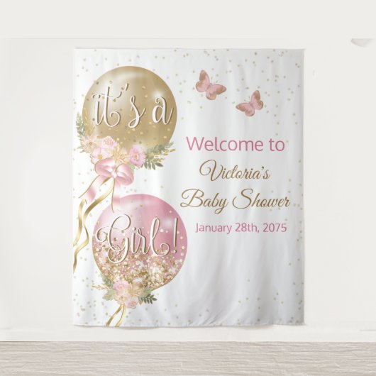 Roze Gouden Ballon Meisje Baby Shower XL Achtergro Wandkleed (Voorkant)