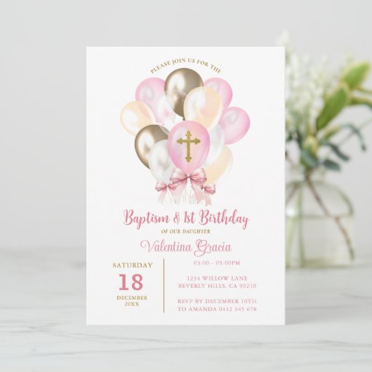 Roze Gouden Ballon Meisje Doop Verjaardag Boog str Kaart (Staand voorkant)